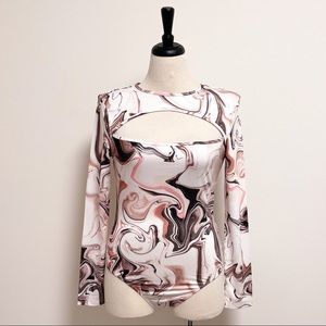 Shein Marble Swirl Keyhole Long Sleeve Bodysuit Large Pink Ivory Mauve Brown